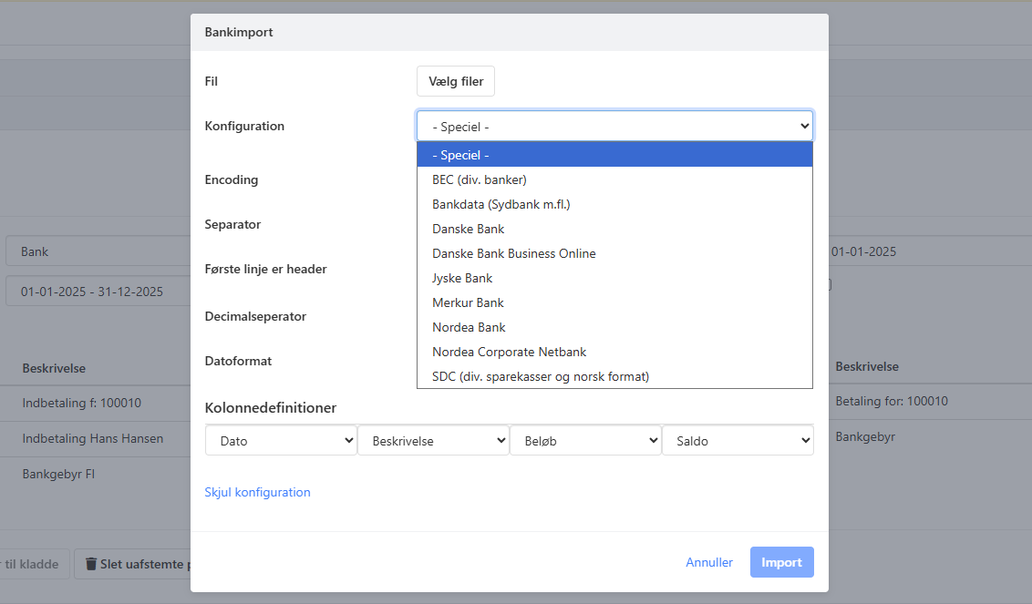 Vælg bankformat i bankafstemning i Xena