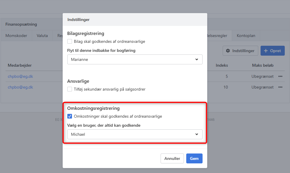 Opsætning af Godkendelse Omkostningsregistrering i Xena