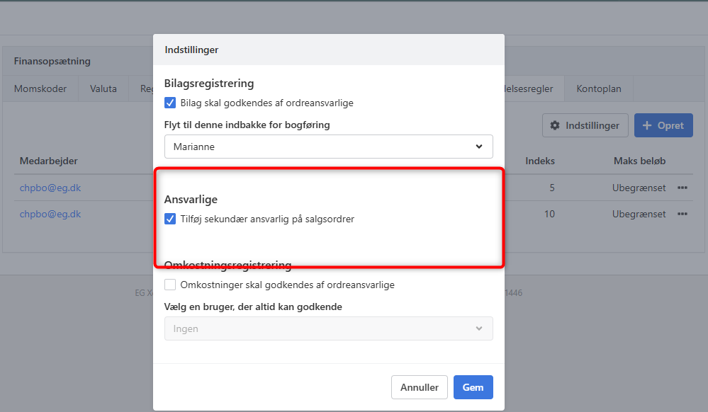 Tilføj sekundær ansvarlig på salgsordrer i Xena