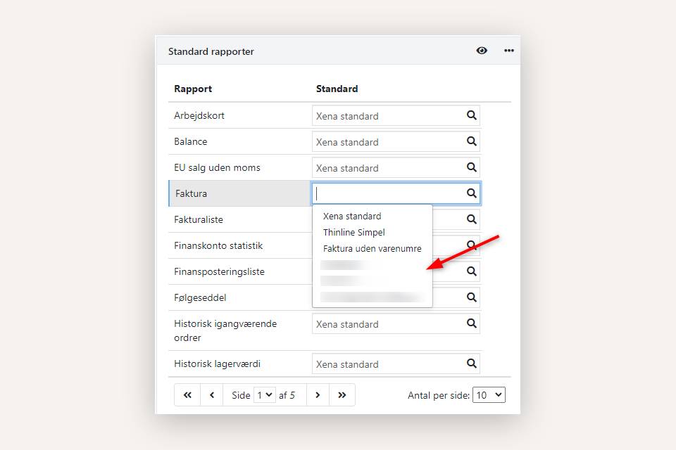 Valg af en ny standardrapport i Xena