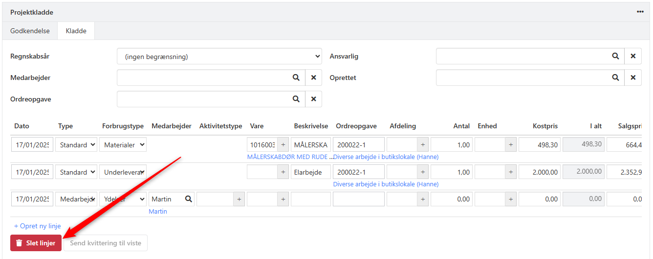 Slet linjer i Omkostningsregistrering i Xena