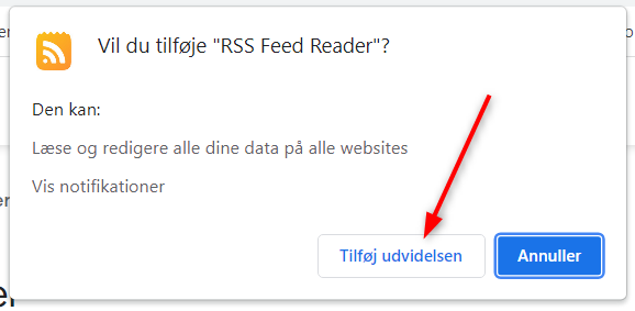 Skærmbillede af en popup inden RSS Feed reader installeres.