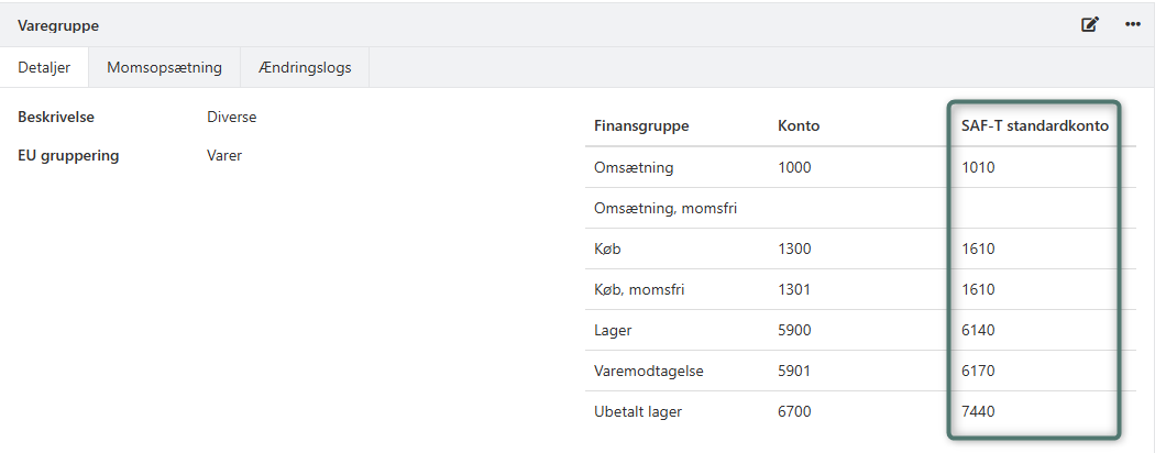 Indtast SAF-T kontonummer direkte på varegrupperne i Xena