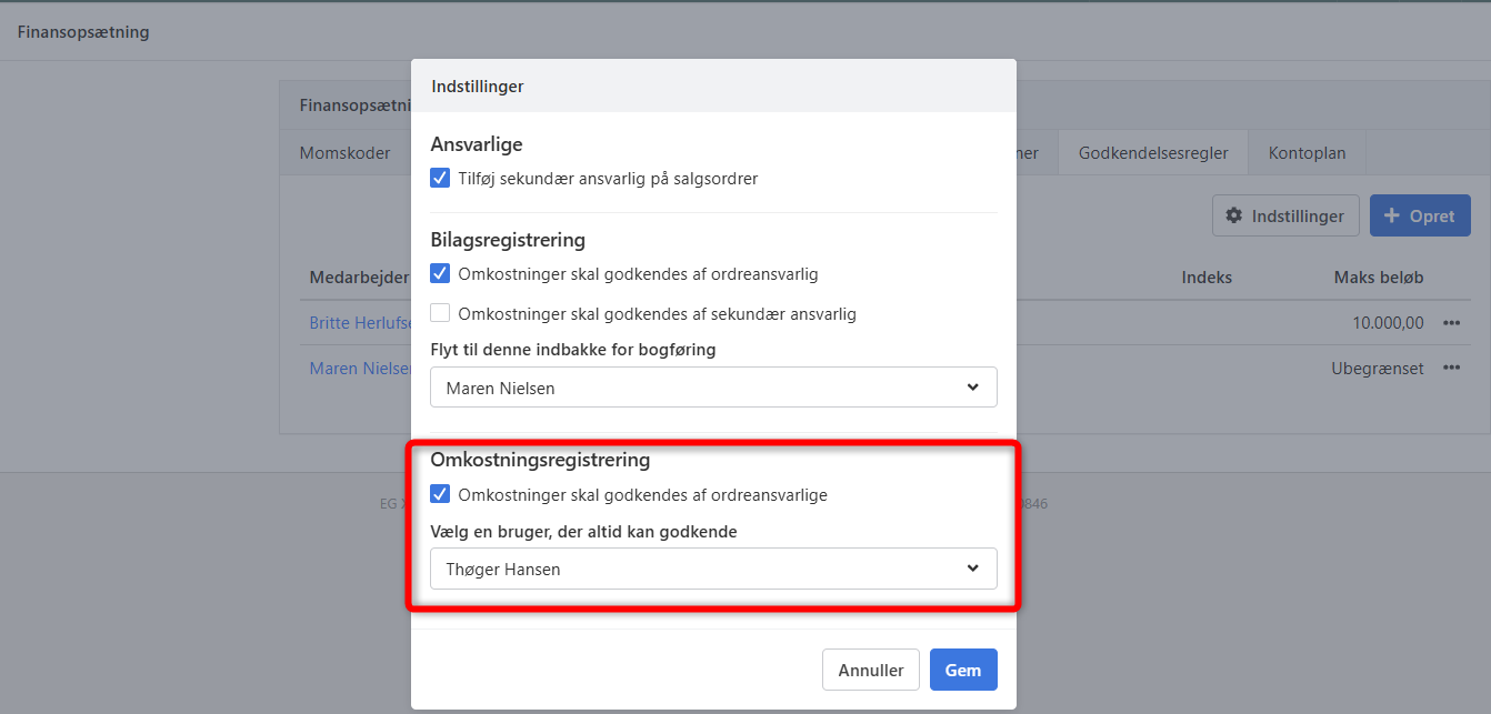 Setting up approval rules for Cost Registration in Xena