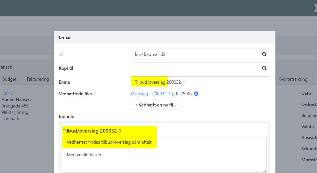 Email dialog ved afsend overslag eller tilbud i Xena