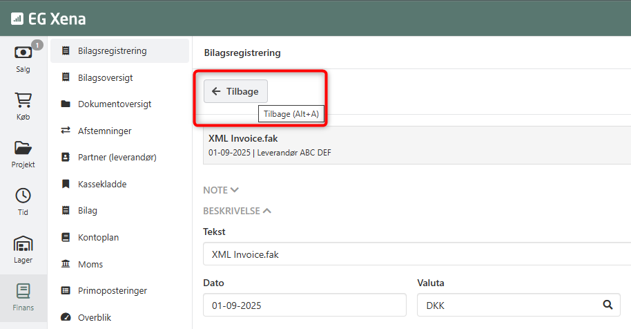 Bilagsregistrering genvej i Xena